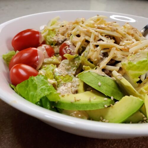 Cheeseburger salad in a bowl